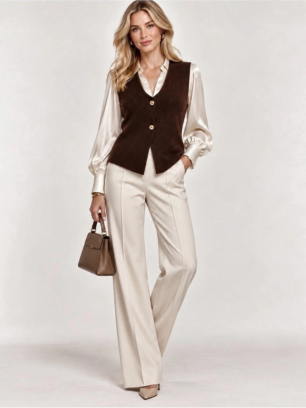 Jason Wu, Brown Wool Blend Button Front Vest Designer Minimalist, Size M